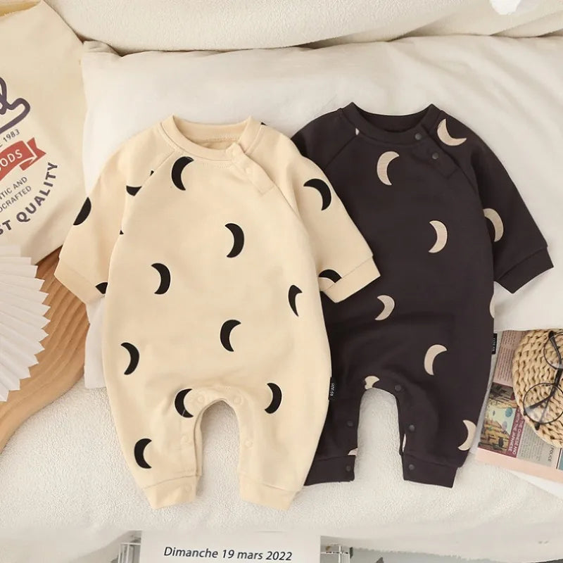 Neugeborener Frühlings- und Wintermode-Anzug mit Mond-Sonnen-Aufdruck, Baumwolle, bequem und weich, 0–12 Jungen und Mädchen, langärmeliger Baby-Body.