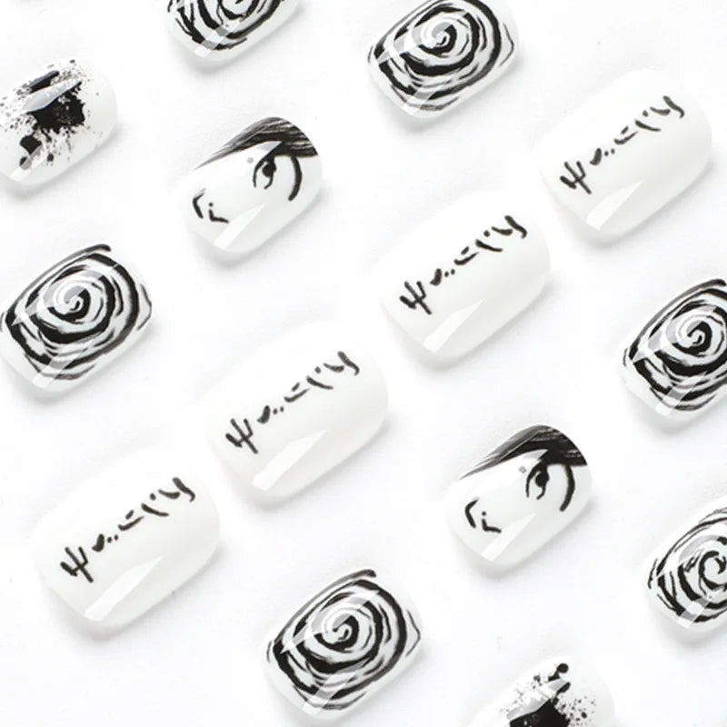 Y2K Black White Hand Drawn Comic Design Wearable Mini Short Fake Nails Full Cover Finished False Nails Press on Nails with Glue.