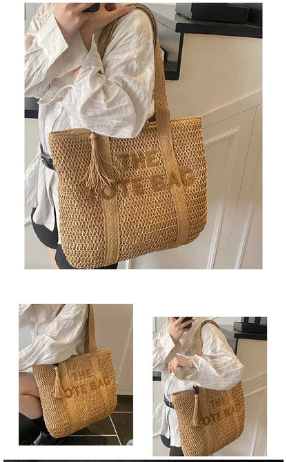 Summer Fashion Women's Large Capacity Shoulder Bag Straw Woven Bag Letter Embroidery Handbag Casual Female Tote Bag Beach Bags.