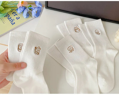 5 Pairs of White Women's Embroidered Socks for All Seasons Cotton Socks Mid-high Tube Student Cartoon Sports Socks.