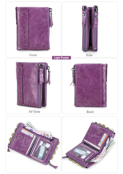 Fashion Genuine Leather Women Wallet Bi-fold Wallets Red ID Card Holder Coin Purse With Double Zipper Small Women's Purse 2022