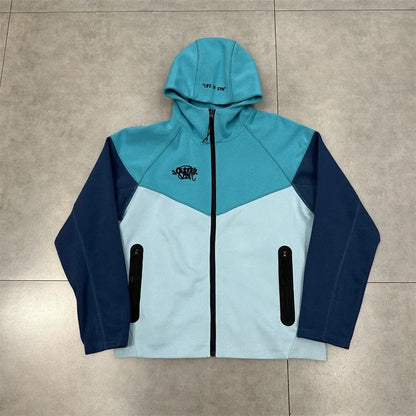 Casual Embroidered Fleece Lined Open Cardigan Hooded Zipper Pants Set for Men And Women Color Block Design by Syna