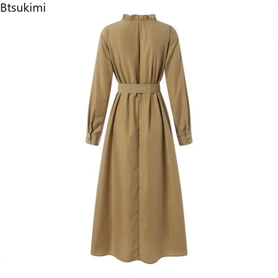 2025 Fashion Arab Style Lace-up Maxi Dress for Women Muslim Abaya Vintage Plain Long Dresses Hijab Islamic Robe Elegante Femme.