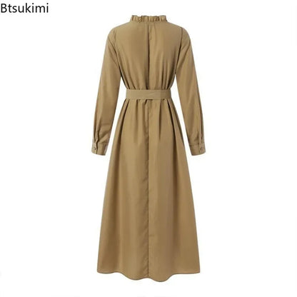 2025 Fashion Arab Style Lace-up Maxi Dress for Women Muslim Abaya Vintage Plain Long Dresses Hijab Islamic Robe Elegante Femme.