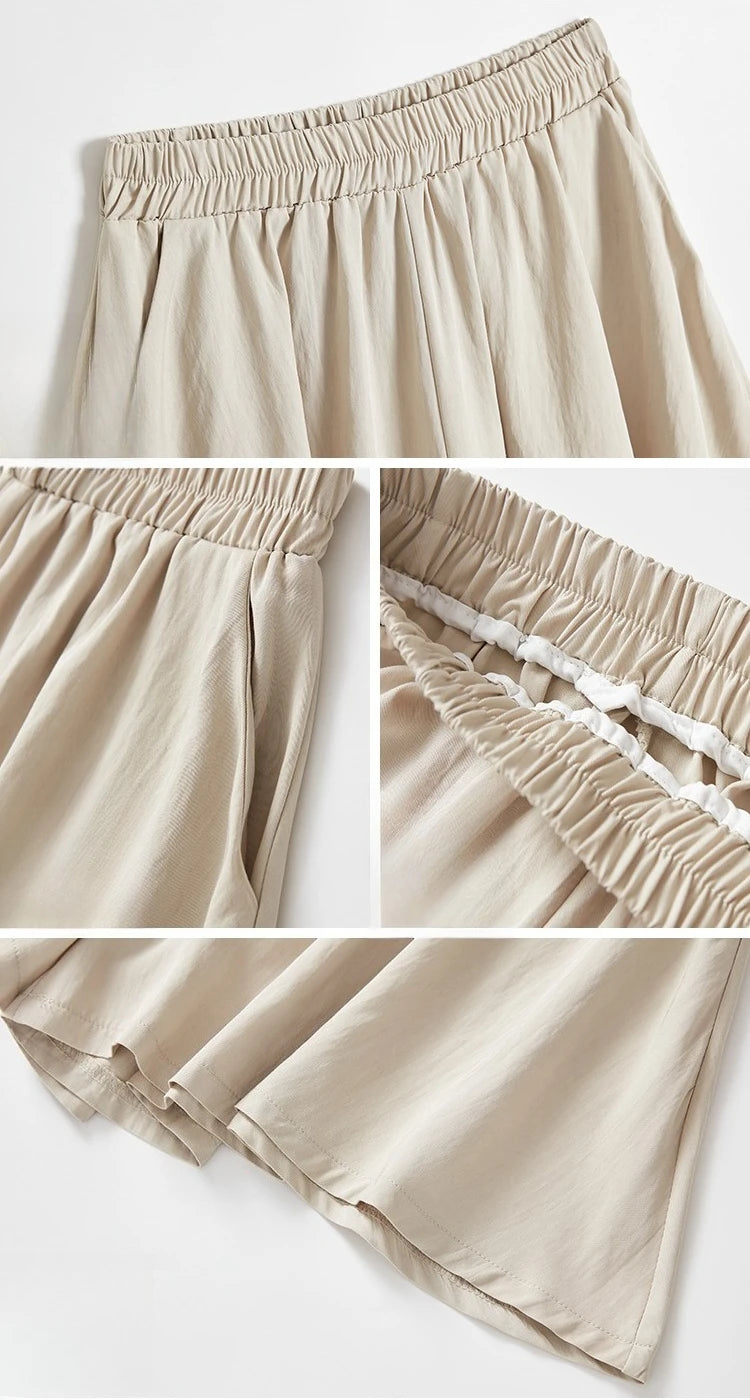 Women Quick Dry Sporty Short Pants Summer Thin Pleated Shorts Skirts High Waist A- Line Five Quarter Pants Cool Wide Leg Pants.