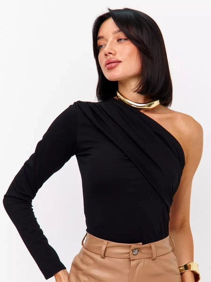 Women's One Shoulder Fit Sexy Night Club Blouse Top Women's Long Sleeve Fitted Elegant With Open Shoulder And Draping Shirt Top.