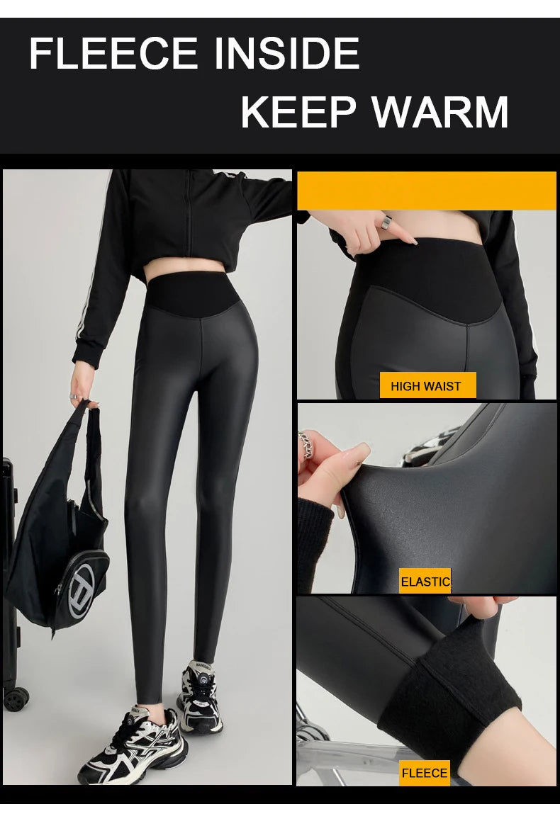 BIVIGAOS Herbst Neue Enge Stretch Leder Hosen Frauen Sharkskin Hohe Taille Spleißen PU Leder Fleece Sexy Leggings Winter Warm.
