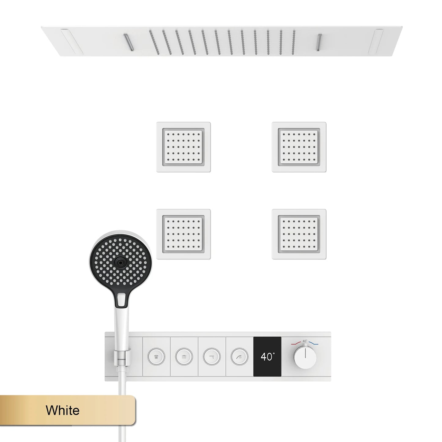 Deckenmontiertes thermostatisches LED-Digitalanzeige-Duschsystem. Eingebetteter Badmischer aus Messing im Wasserfallstil für heißes und kaltes Wasser