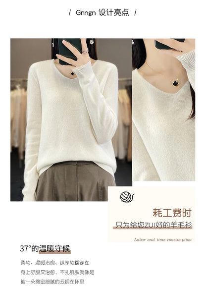 Women 100% Merino Wool Sweater V-Neck Basic Pullover Autumn Winter Cashmere Clothing Long Sleeve Soft Knitwear Tops Solid Color.
