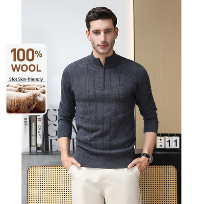 High End 100% Australia Wool Cashmere New Autum Winter Fashion Brand Casual Zip Up Men Pullover Knit Half Turtleneck Sweater.