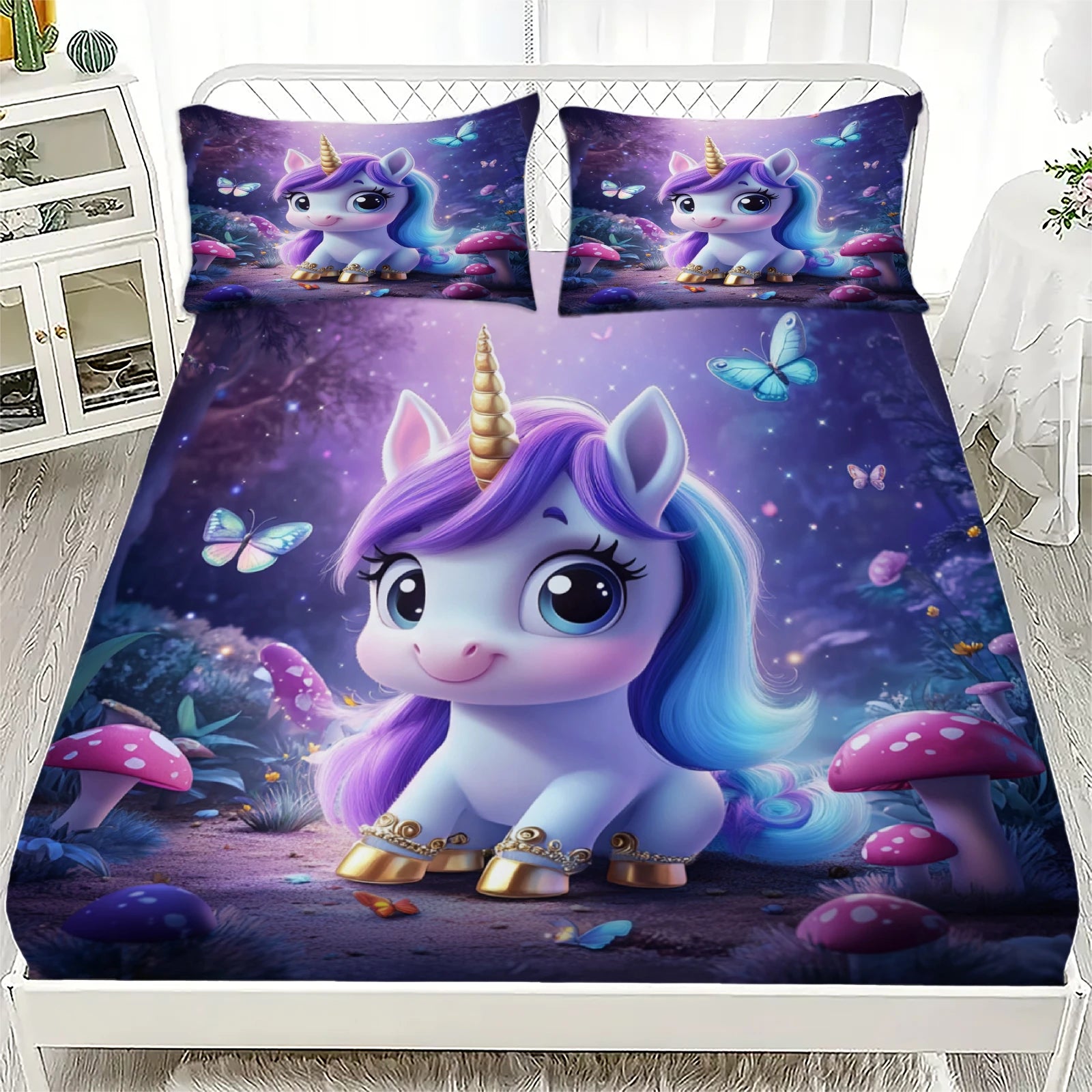 3D Fitted Sheets Set Unicorn Pattern Cute Bedding Set Printed With 1/2 Pillowcases Customized For Boys And Girls Kids Decorate.