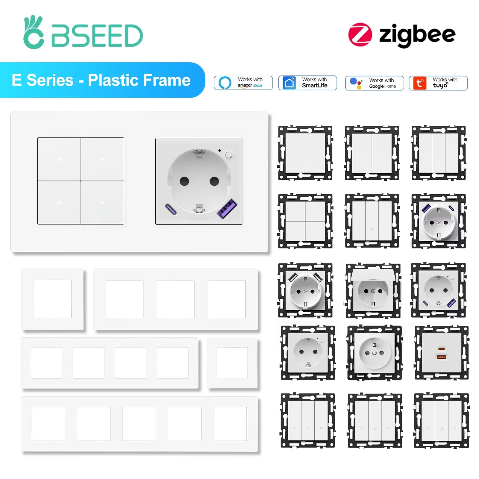 BSEED Zigbee 1/2/3/4Gang Smart Licht Vorhang Shutter Dimmer Schalter Mechanische Tasten EU Steckdosen USBC DIY Teile Kunststoff Rahmen.