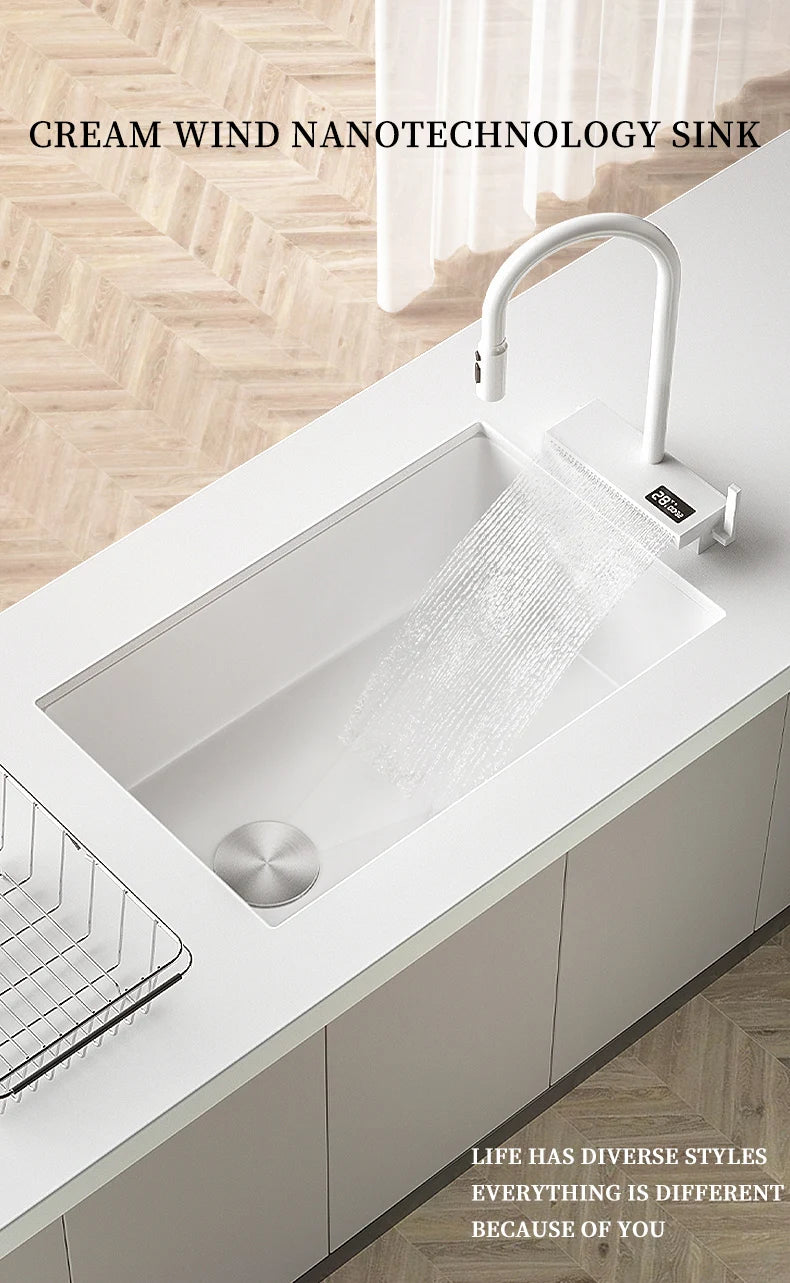 White Stainless Steel Kitchen Sink with Digital Display Multifunction Waterfall Faucet large Wash Basin for Kitchen Accessories