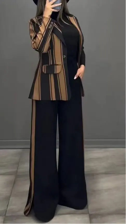 Women Striped Print Suits+pants Two Piece Sets Autumn Winter Casual Wide Leg Pants Sets Office Ladies Elegant Coats Outfits.