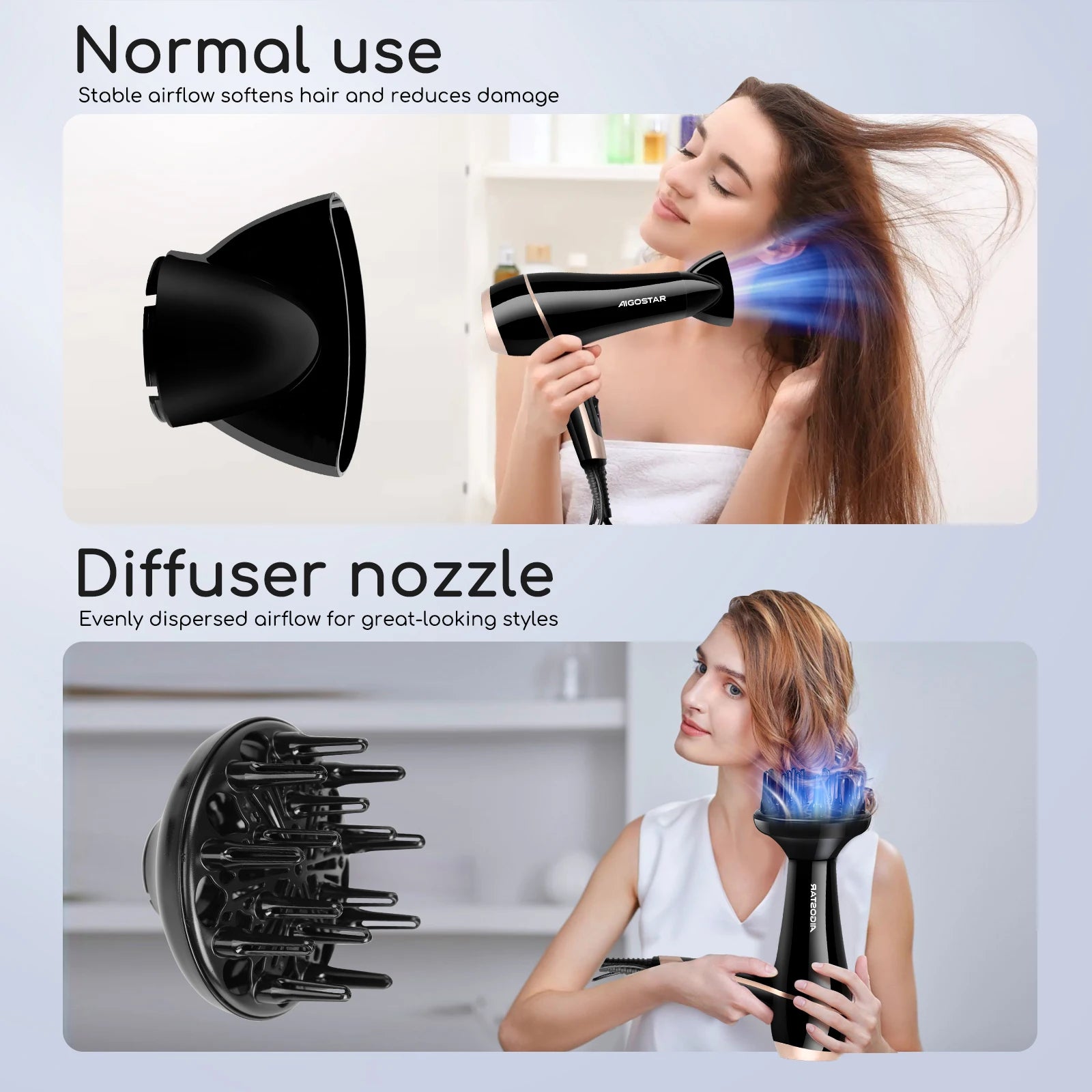 Aigostar Lora Professional Hair Dryer 2400 W Hair Dryer for Hair Ions 2 Speed and 3 Settings Cooling Button Hair Dryer.