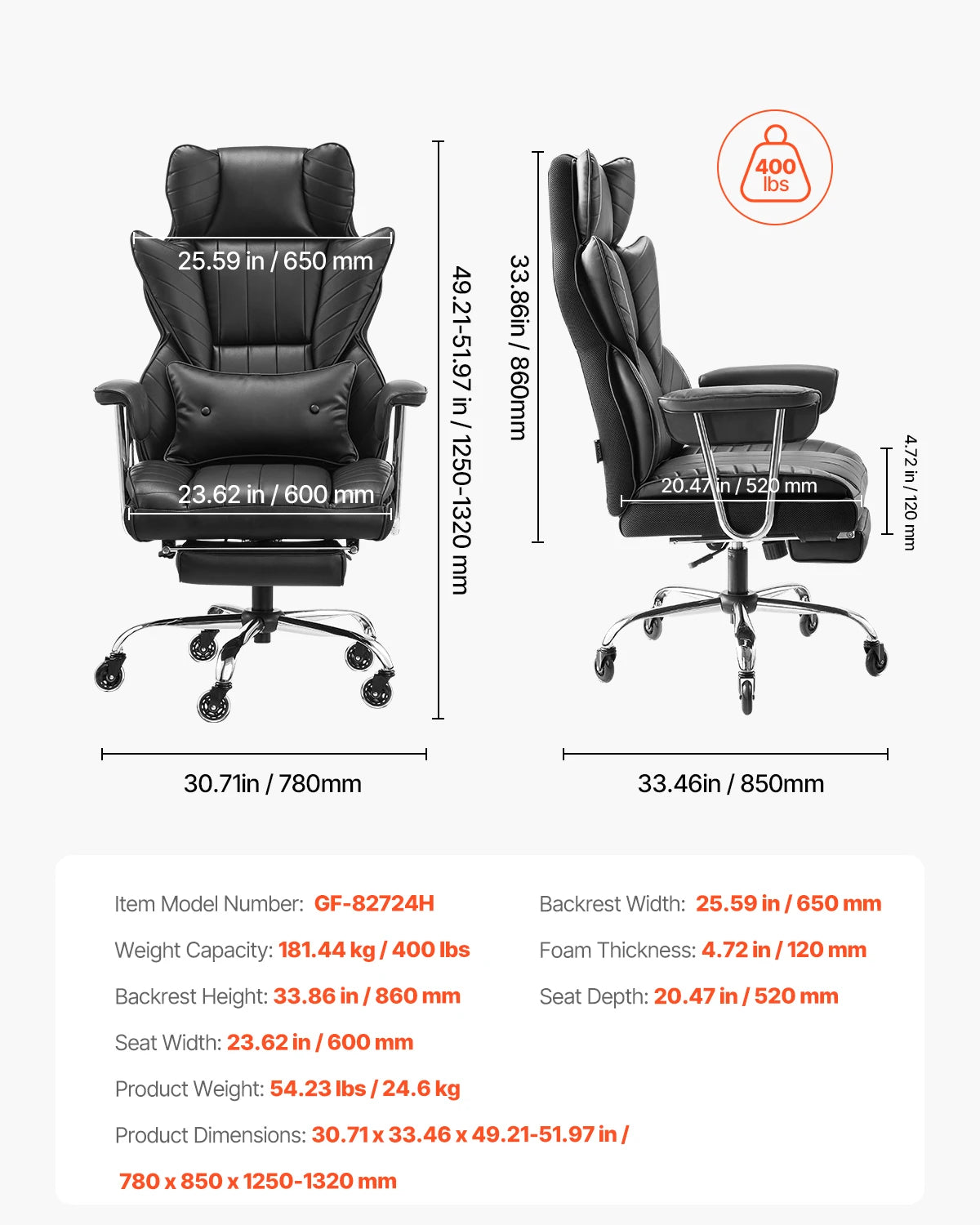 VEVOR Chefsessel Bürostuhl Drehstuhl mit hoher Rückenlehne & Fußstütze & Lendenkissen, ergonomischer Schreibtischstuhl mit 135° Neigung und einstellbarer Höhe, für Arbeit Arbeitszimmer Spielen