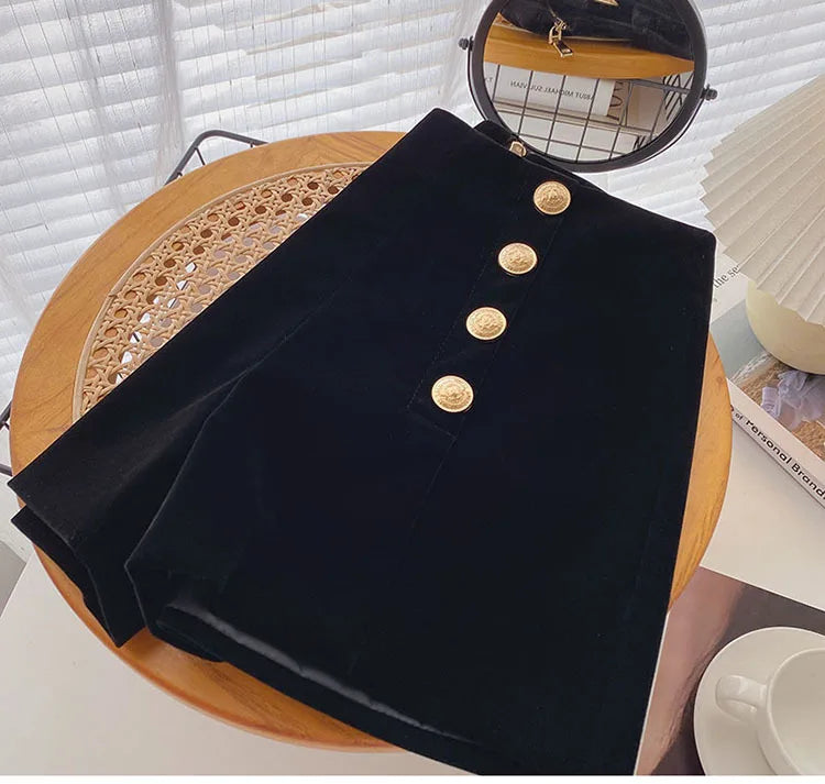 Autumn Winter High Waist Velvet Wide Leg Shorts Women Chic Double Breasted Short Pants Fashion Sexy Bottoms Casual Ropa Mujer.