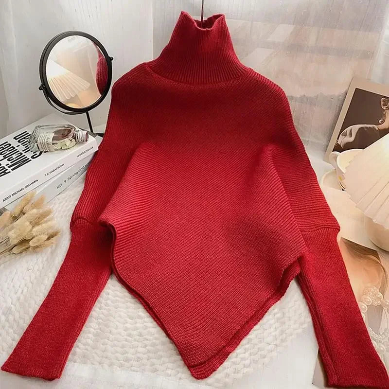 2025 Korea Herbst Winter Frauen Mode Unregelmäßigen Lose Stricken Pullover Vintage High Neck Langarm Weibliche Pullover Chic Tops.