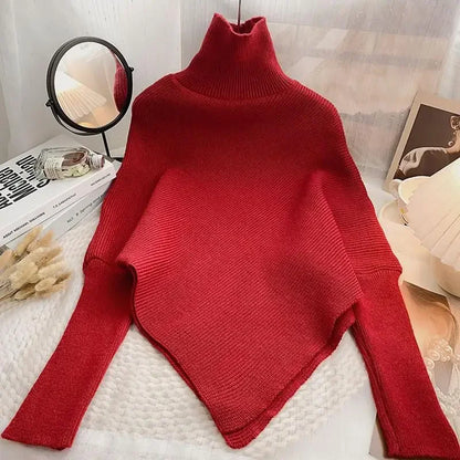2025 Korea Herbst Winter Frauen Mode Unregelmäßigen Lose Stricken Pullover Vintage High Neck Langarm Weibliche Pullover Chic Tops.