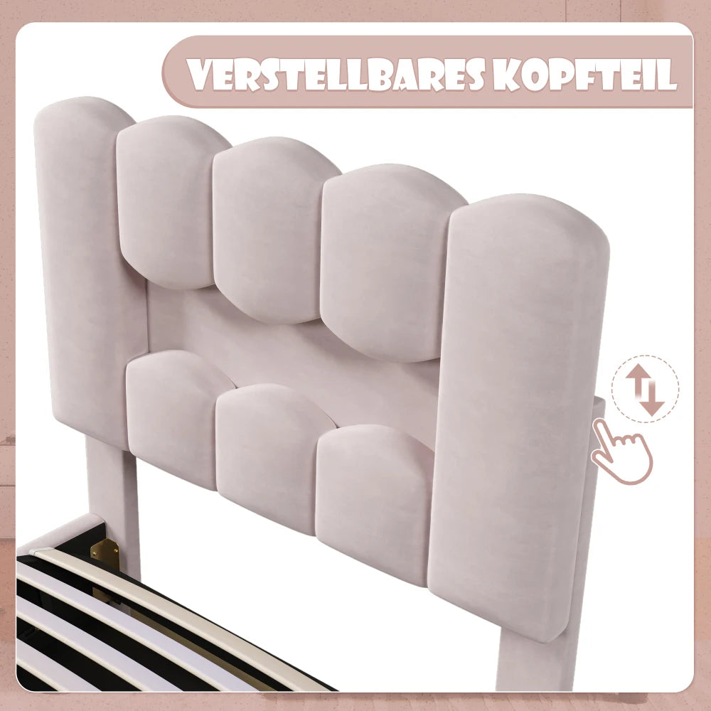 Modernes Polsterbett, 90 x 200 cm, ohne Matratze, LED-Beleuchtung, mit hydraulischem Gerät, verstellbarer Kopfteil, Samt, Grau