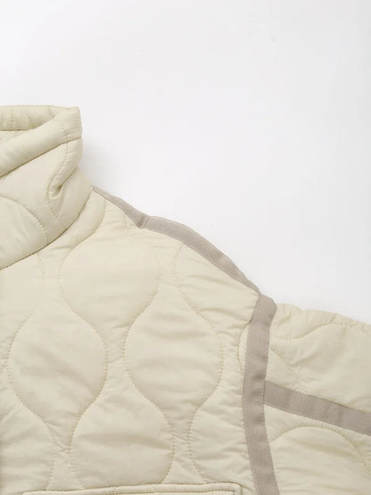 ZBZA Women's Quilted Loose Jacket Mantel Drawstring hoher Kragen Reißverschluss lange Ärmel Versteckter Knopf Doppeltaschen Clip Baumwolle Outerwear Herbst Winter Neue Weibliche Chic Mantel.