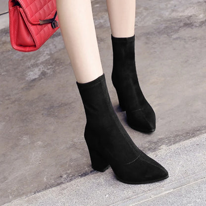 2022 Winter New Thick Heel Suede Pointed Shoes Women's Warm Fashion High Heels Sexy Versatile Short Boots Botte Femme Hiver.