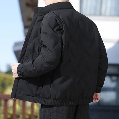 Men's winter standing collar cotton jacket with diamond grid pattern warm jacket, casual solid color fashionable simple jacket.