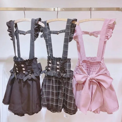 Japanese Gothic Lolita Ribbon Short Suspender plaid Skirt Girls Sweet Cute Lace A-Line Mini Skirts summer2025 black solid kawaii.