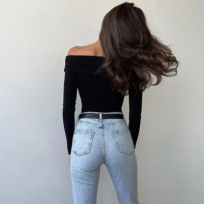 Elegant Women Sexy Off Shoulder Long Sleeve Cross V Neck Bodysuits Top High Waist Slim Spring Summer Streetwear Bodysuit.