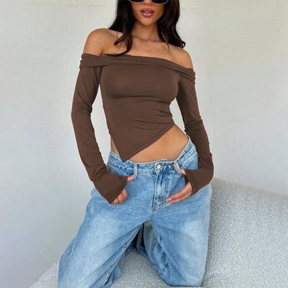 Hot-selling women's T-shirt with a unique and trendy style, a one-shoulder off-the-shoulder short, long-sleeved, solid-color top.