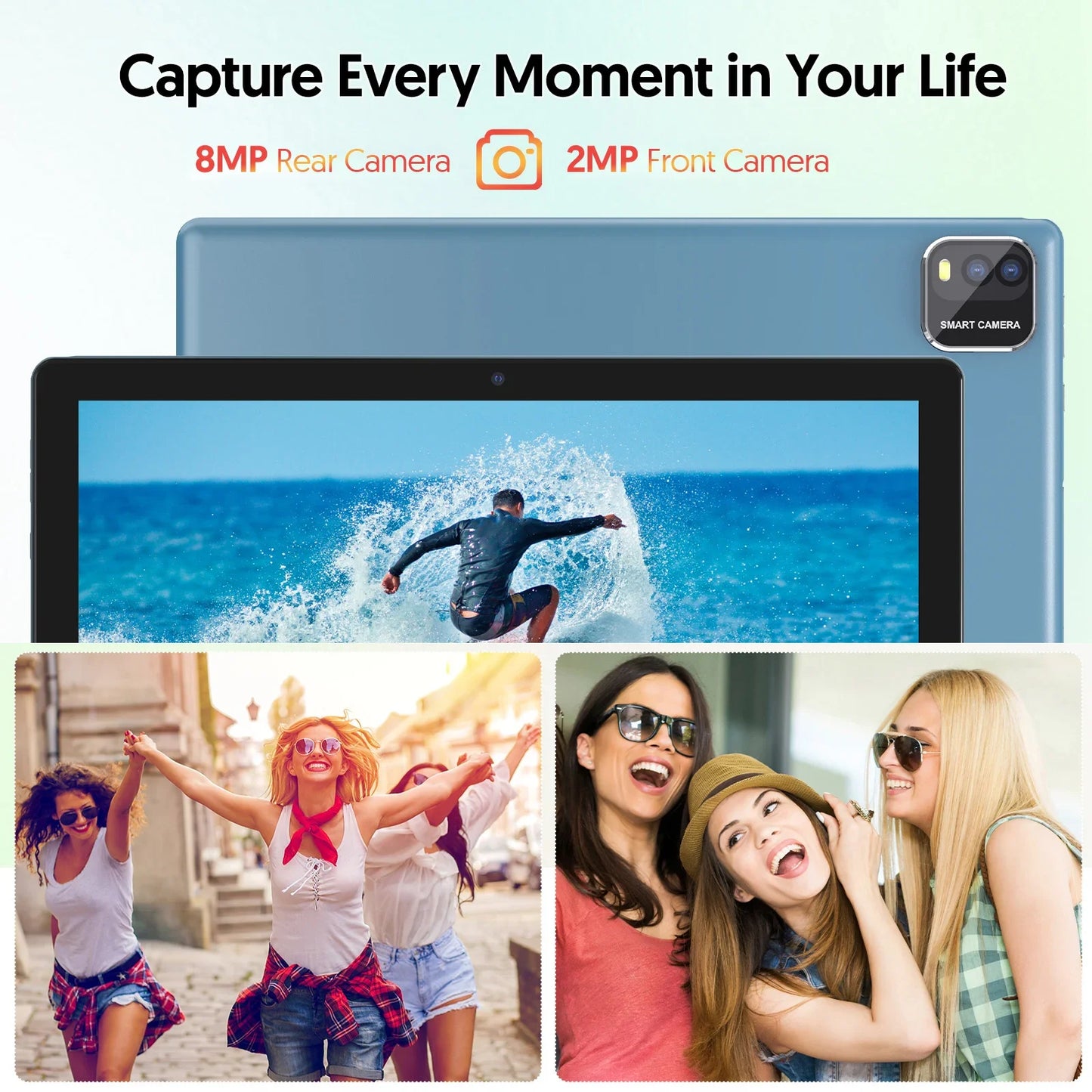 BAKEN 10-inch tablet with SIM card slot, Android 15, Wi-Fi, GPS, Bluetooth, 64GB storage, dual speakers, USB-C port.