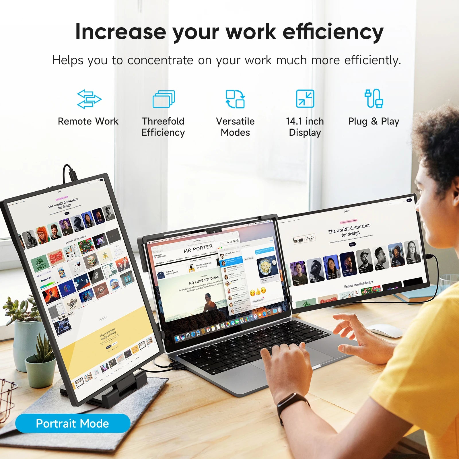 Dopesplay 14.1 inch Triple Screen Extender for Laptops 1200P FHD IPS Type-C Dual Portable Monitor For Macbook Chrome Up to 17.3.