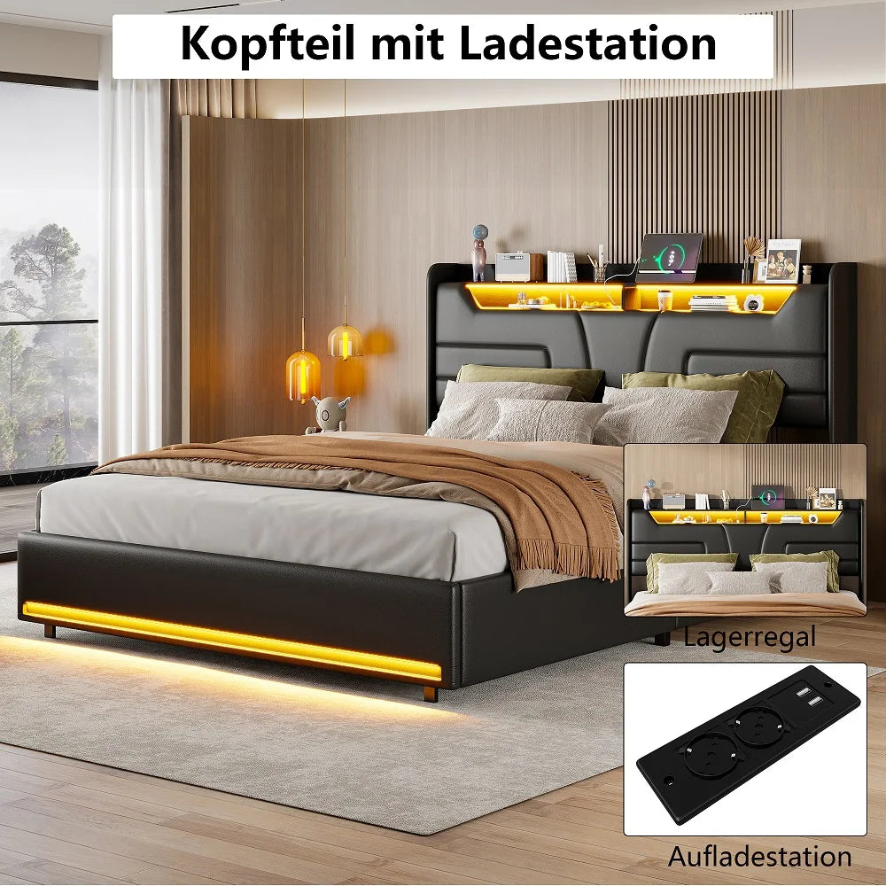 Lazyspace Modernes schwarzes PU-Polsterbett, Doppelbettrahmen, hydraulisches Bett mit Stauraum, LED-Beleuchtung und integrierter Steckdose