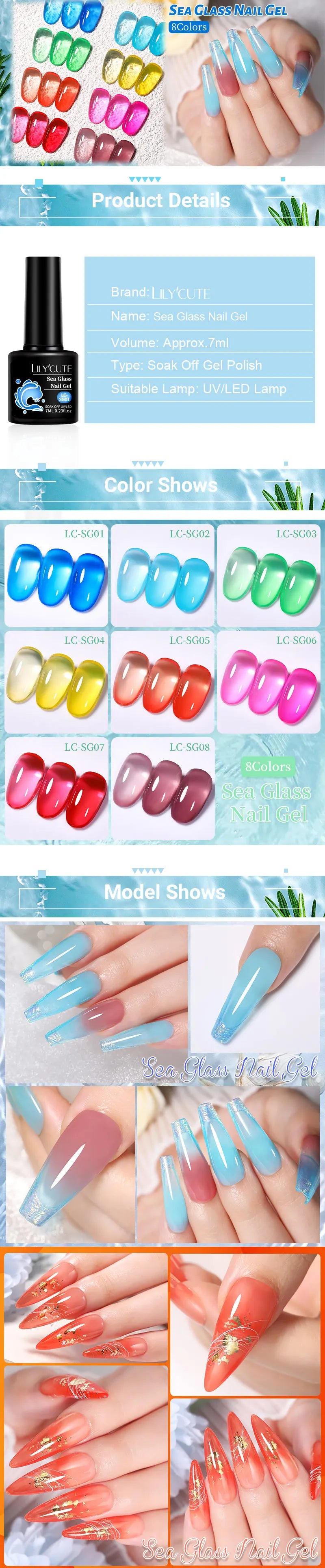 LILYCUTE 6Pcs 7ML Jelly Glass Gel Nail Polish Set Sea Blue Varnish Semi-transparent Nail Art Semi Permanent UV Gel Varnish.