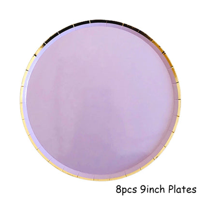 Gold Disposable Tableware Sets Purple Party Paper Cup Plates baby Shower  Birthday Party Supplies Carnival Wedding decor Favors