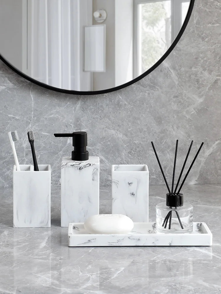 Bathroom Accessories Complete Marble Pattern Lotion Soap Dispenser,Toothbrush Holder,Tumbler,Tray Resin material Black white.