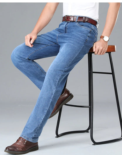 Brand Men's Fashion Summer Thin Jeans Comfortable Stretch Cotton Business Straight Casual Denim Pants Light Gray Blue Pants