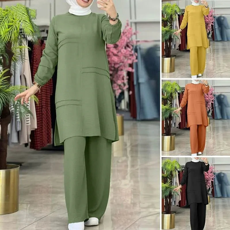 Ramadan Two Piece Sets Shirt Dress &Pants Women Muslim Suits Shirt Blouse Musulman Ensembles Moroccan Kaftan Islamic Dress Sets.