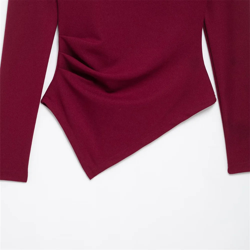 Women's Asymmetric Elastic Top Solid Color Long Sleeve Slant Neck Decoration Spring New Casual Women's Top.