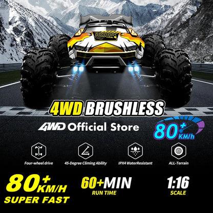 1:16 80km/h Brushless RC Drift Car With LED Lights 4WD Electric High Speed Racing Remote Control Monster Truck for Kids Adults.