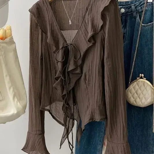 Fashionable Autumn Women's Shirt Elegant Cascading Ruffled Layered Sexy V-Neck Trumpet Sleeve Long Sleeve Women's Casual Shirt.