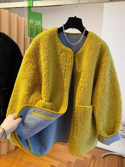 Hochwertige Lammwolljacke für Damen, lockerer warmer Samtmantel, 2025, neuer Frühling und Herbst, große Taschen, modische Oberbekleidung, M-3XL.