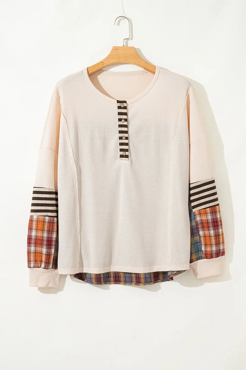 GIBSIE Plus Größe Taste Vorne Oansatz Plaid Sweatshirt Frauen Herbst 2025, Neue Tropfen Lange Hülse Lose Beiläufige Pullover Tops.