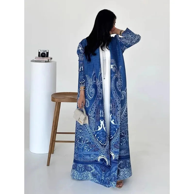 Abaya Miyake Pleated Printed Robe Jacket Arabian Dubai Style Women's Long Sleeve Conservative Demure Muslim Trench Coat 55inches.