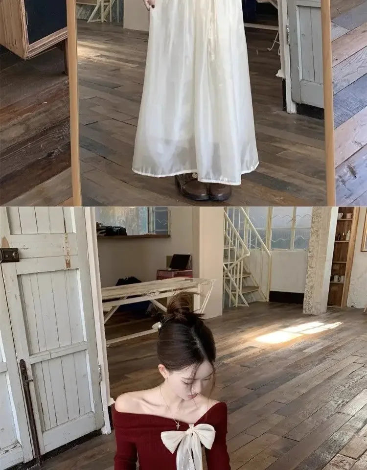 Red One-Shoulder Long-Sleeve Knitted Sweater Women's Spring New Year Slim Fit Short Top Butterfly Knot Decorated Cotton T-shirt.