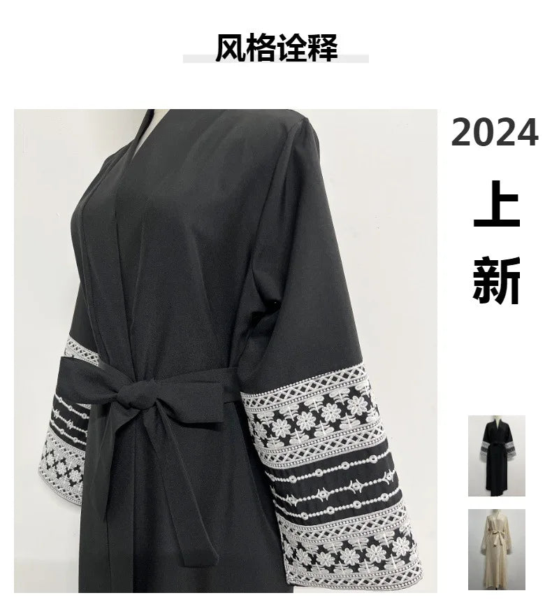 Ramadan Eid Black Open Kimono Abaya with Sashes Damen Dubai Islam Muslim Dress Kaftan Prayer Clothes Women Kebaya Robe Femme.