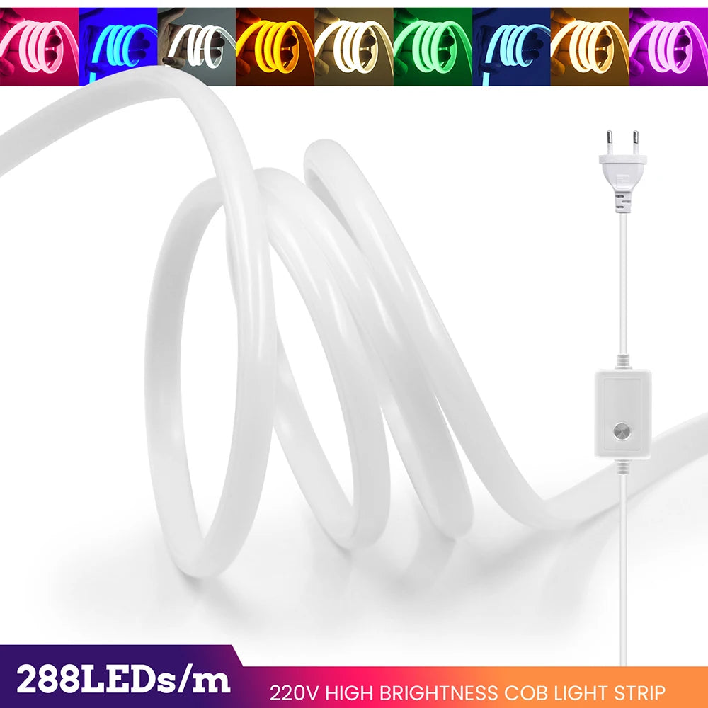 Dimmable COB LED Neon Light Strip 220V Dimmer Power Kit Waterproof 10 Colors 5m 10m 20m 30m 0.5m 288LEDs/m Flex Tube Lamp Decor.