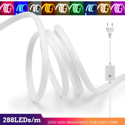 Dimmable COB LED Neon Light Strip 220V Dimmer Power Kit Waterproof 10 Colors 5m 10m 20m 30m 0.5m 288LEDs/m Flex Tube Lamp Decor.