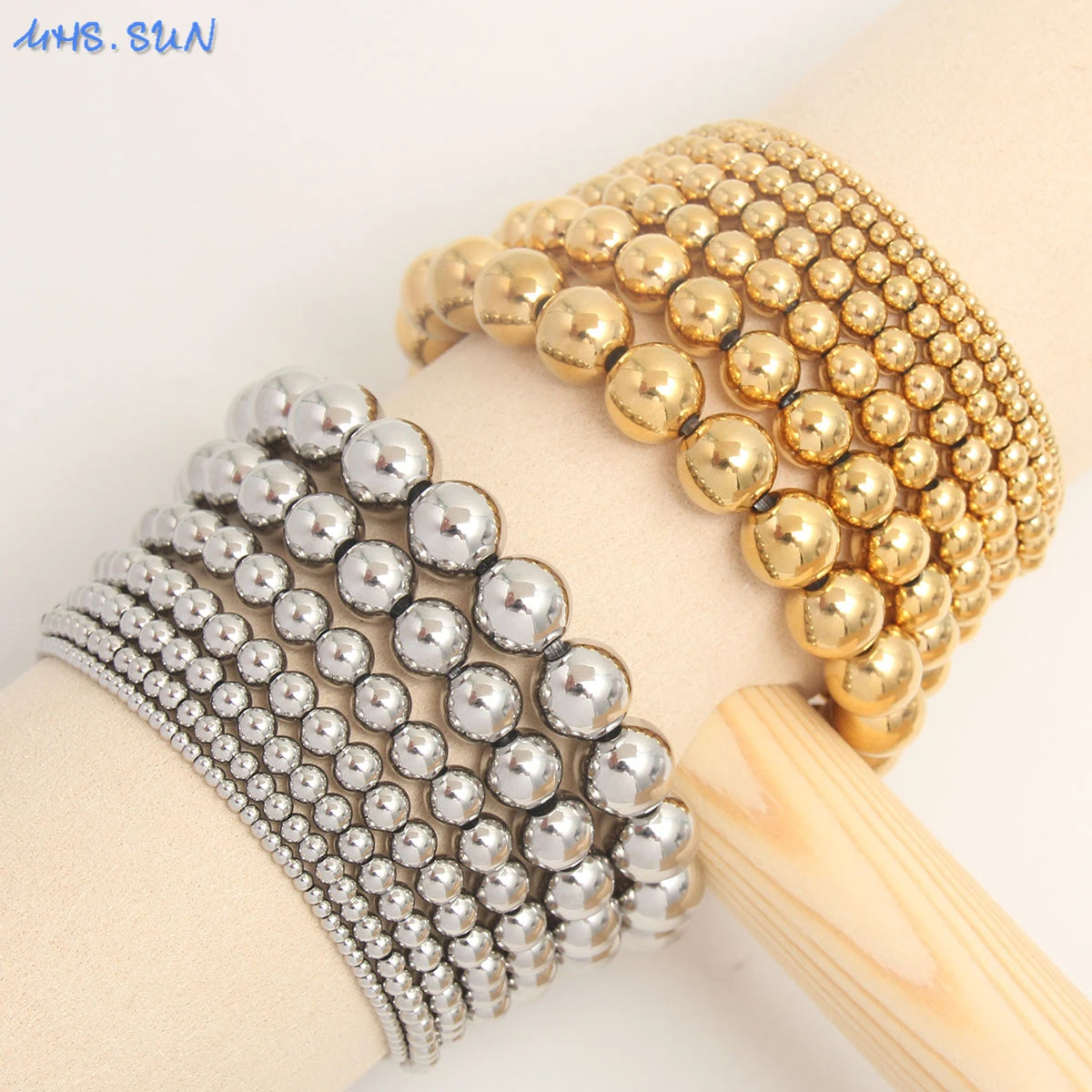 MHS.SUN Trend Stretch Stainless Steel Bracelets Gold Sliver Color 2MM 5MM 8MM Stacked Ball Beaded Bracelet For Women Men Jewelry.