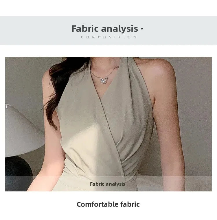 French Vintage Polyester Halter One-Piece Pants Women's Summer Business Commute High Waist Slimming Versatile Suit Long Pants.